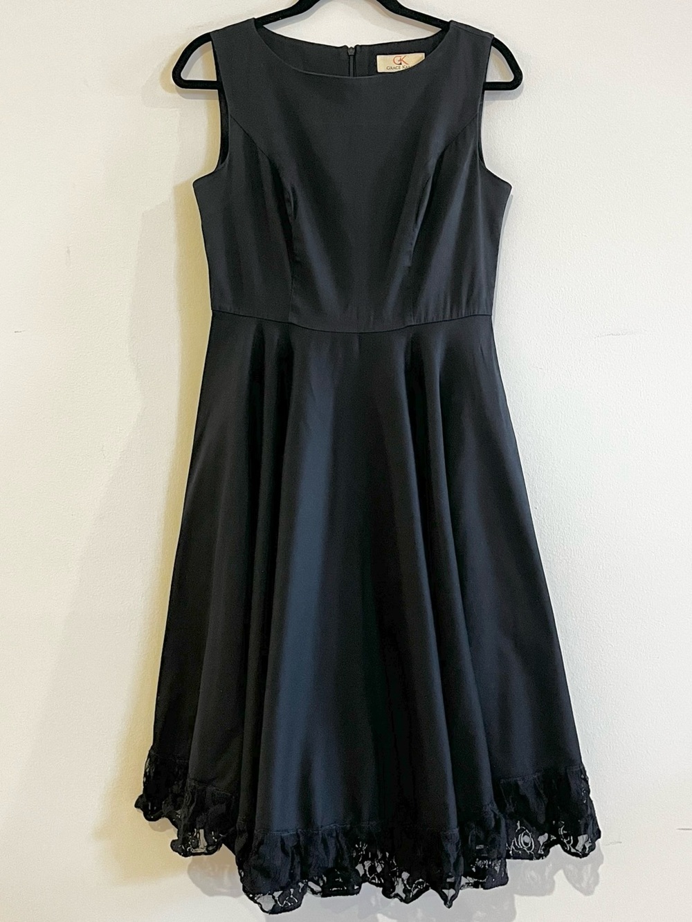 Grace Karin Black Sleeveless Midi A-Line Dress Lace Hem Medium